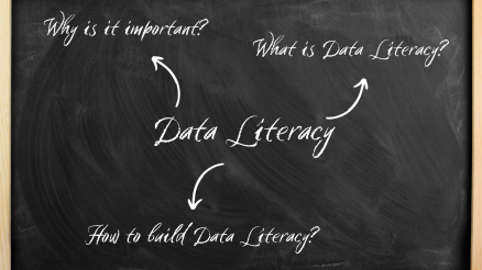 Shows the questions: What is data literacy? How do I become data literate? Why is data literacy important?